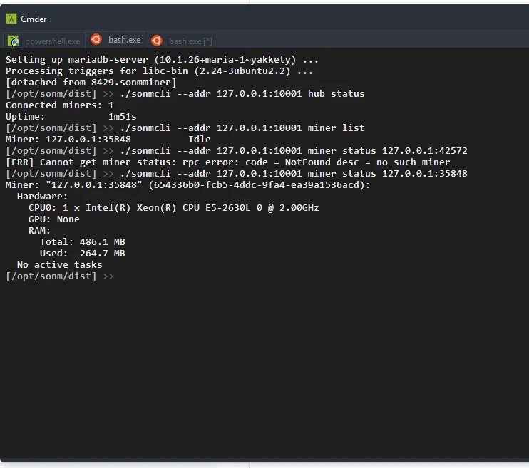 A picture of the terminal with the setup of the SOMN miner A picture of the terminal with the setup of the SOMN miner